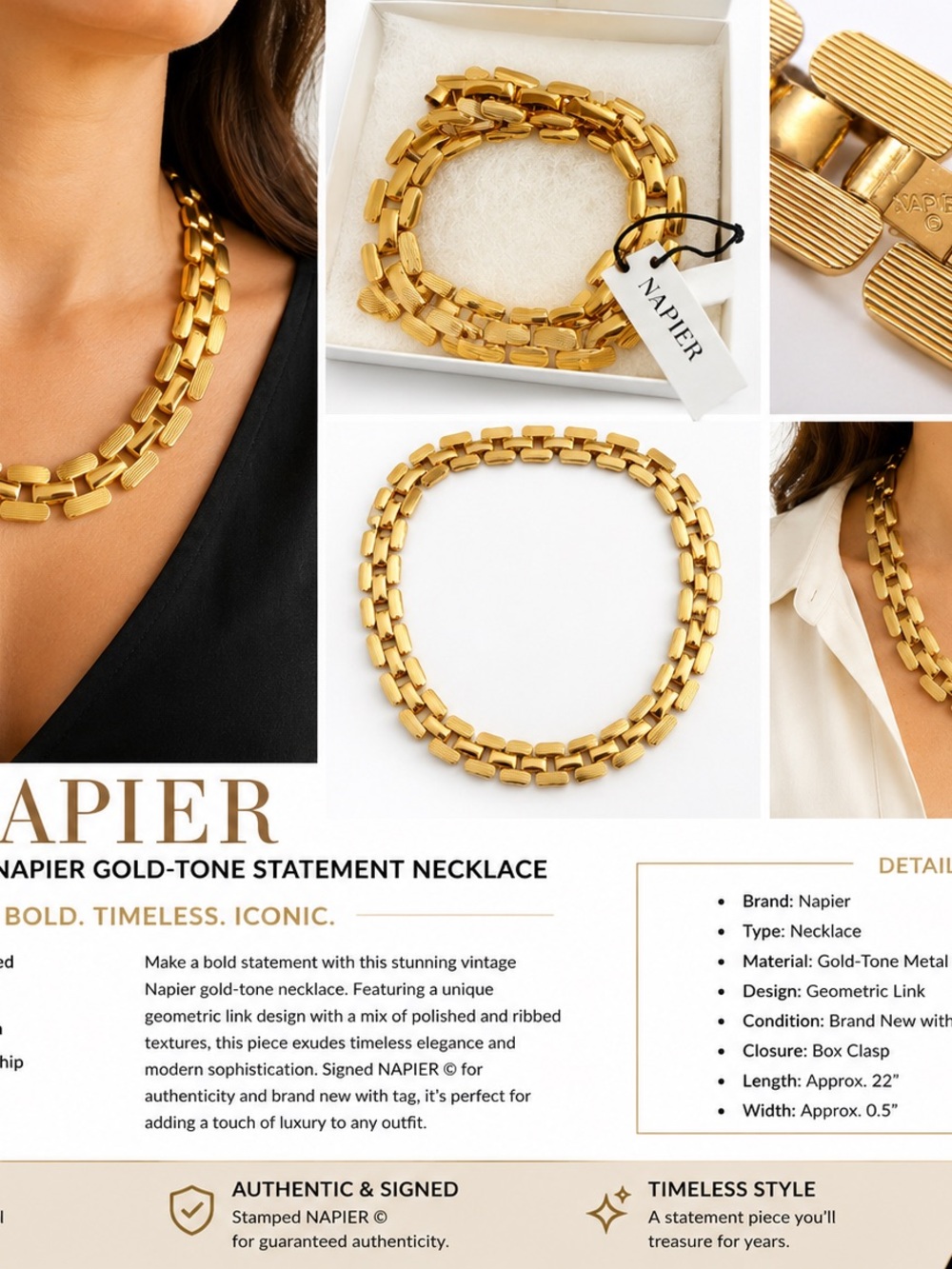 Napier Gold-Tone Polished & Ribbed Geometric Link Necklace